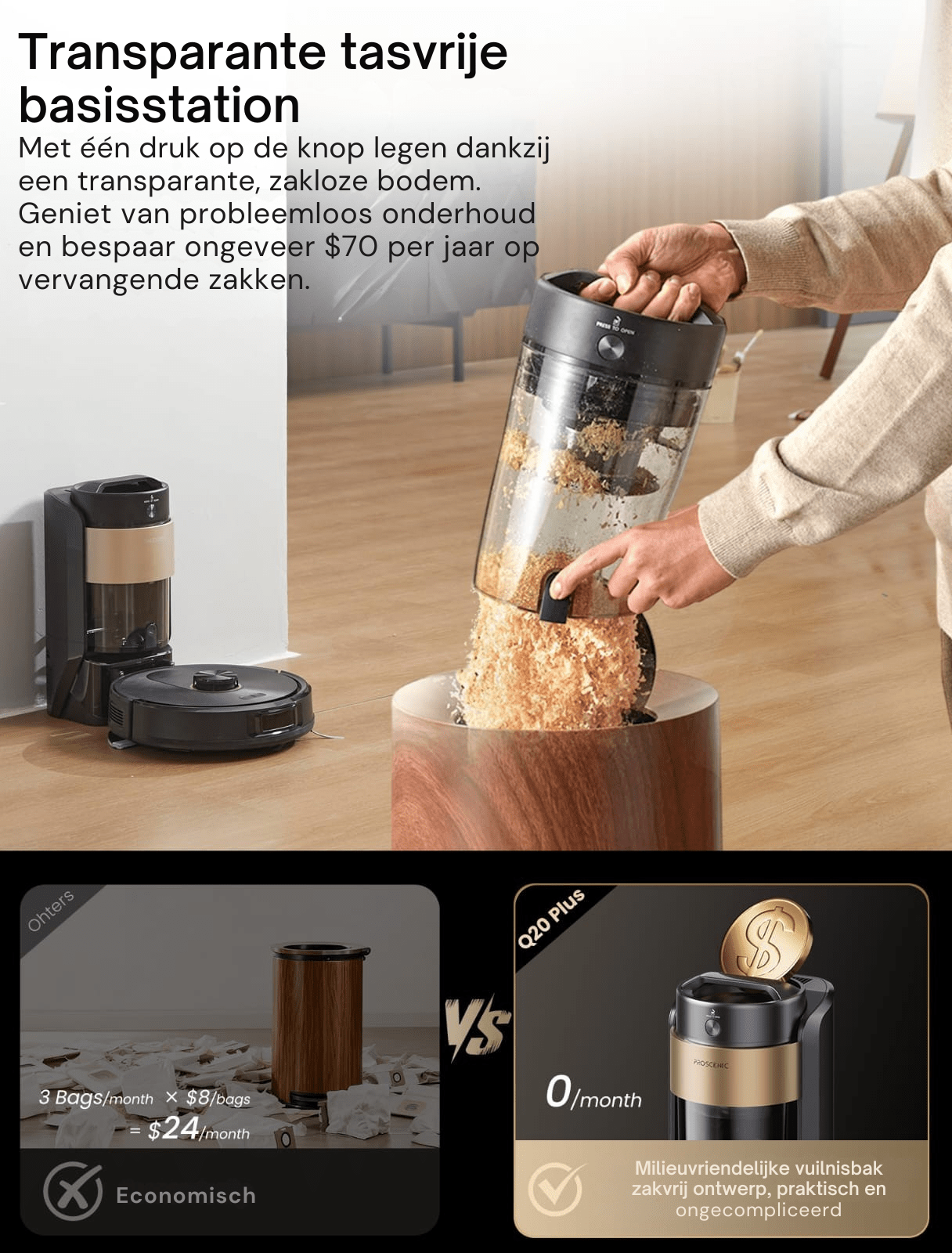 Proscenic Q20 Plus robotstofzuiger, automatische leegloop - Robotmeester