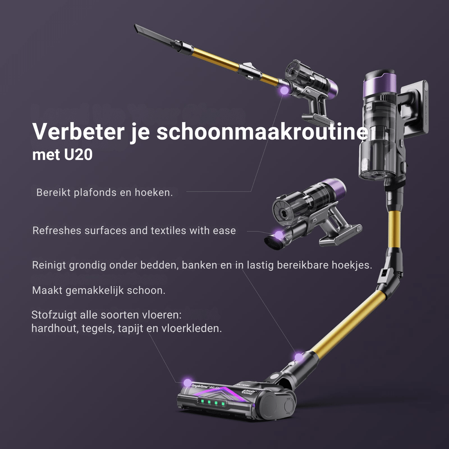 Ultenic U20 draadloze stofzuiger met 600W zuigkracht en een gebruiksduur van 60 minuten. - In gebruik