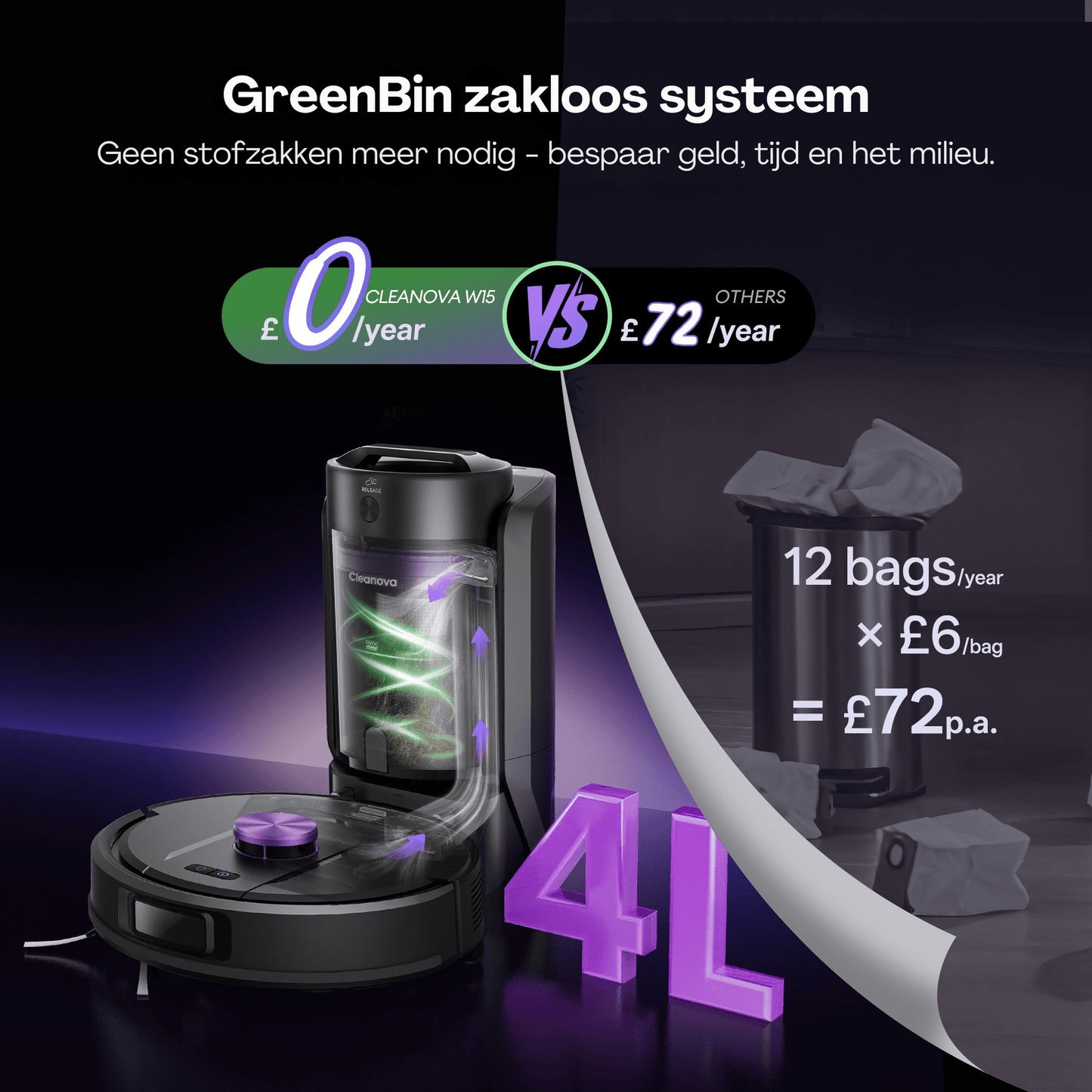 Vactidy Cleanova W15 Robot Vacuum 10000 Pa, LiDAR, Self - Empty - Robotmeester